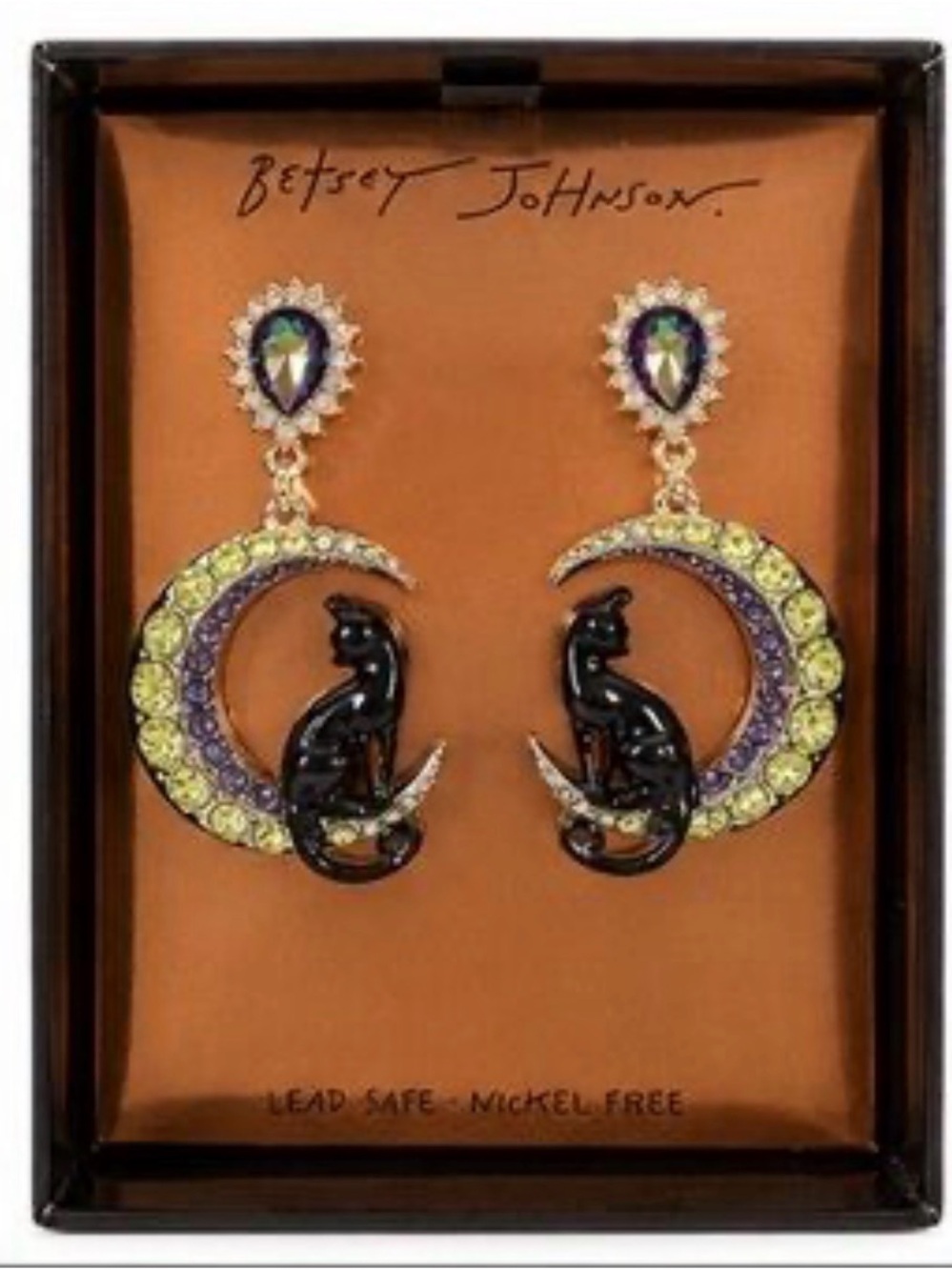 Betsey Johnson Silver Tone Black Cat Sitting On Crescent Moon Drop Earrings NWT